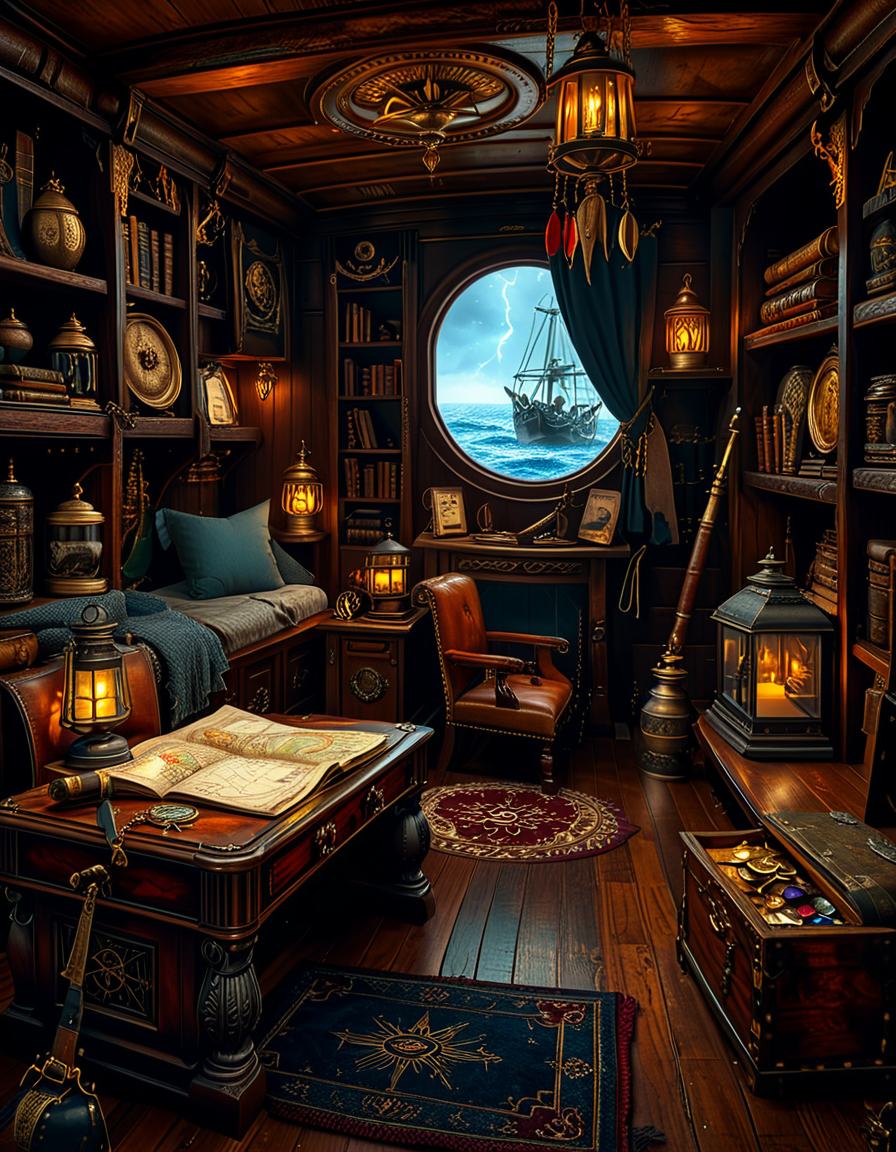 <lora:Captain_c4b1n:1>,Captain c4b1n
A richly detailed pirate captain's cabin aboard an 18th-century wooden ship. The room is dimly lit by flickering candlelight and a hanging oil lantern, casting warm golden glows on the dark oak walls. An ornate wooden desk sits at the center, covered with ancient, weathered maps, a golden compass, and scattered quills with ink bottles. A large, curved window at the back reveals the vast ocean under a moody, cloudy sky, with faint moonlight seeping in.
To the right, a massive wooden bookshelf filled with leather-bound books, nautical charts, and mysterious artifacts, some covered in dust. On the left, a polished mahogany chest with intricate carvings, partially open, revealing gold coins and shimmering gemstones. A grand captain's chair, upholstered in deep red velvet, sits behind the desk, exuding authority and power.
The wooden floor is rugged and slightly uneven, adorned with an old tattered rug. A cutlass and a flintlock pistol rest casually on the desk, while a pirate hat with a large feather hangs on the wall beside a mounted shipâs wheel. The atmosphere is both eerie and majestic, evoking the spirit of adventure and the mysteries of the sea.
<lora:SDXLFaeTastic2400:0.4> <lora:extremely_detailed:0.4> extremely detailed, Masterpiece,best quality,hi res,8k,hi res,8k,award winning,(sharp focus, intricate, highly detailed),