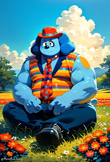 score_9, score_8_up, score_7_up, barnabybeagle, 1boy, solo, furry male, necktie, hat, hyper muscular, sitting on grass, zPDXL3, furry, fluxPaint