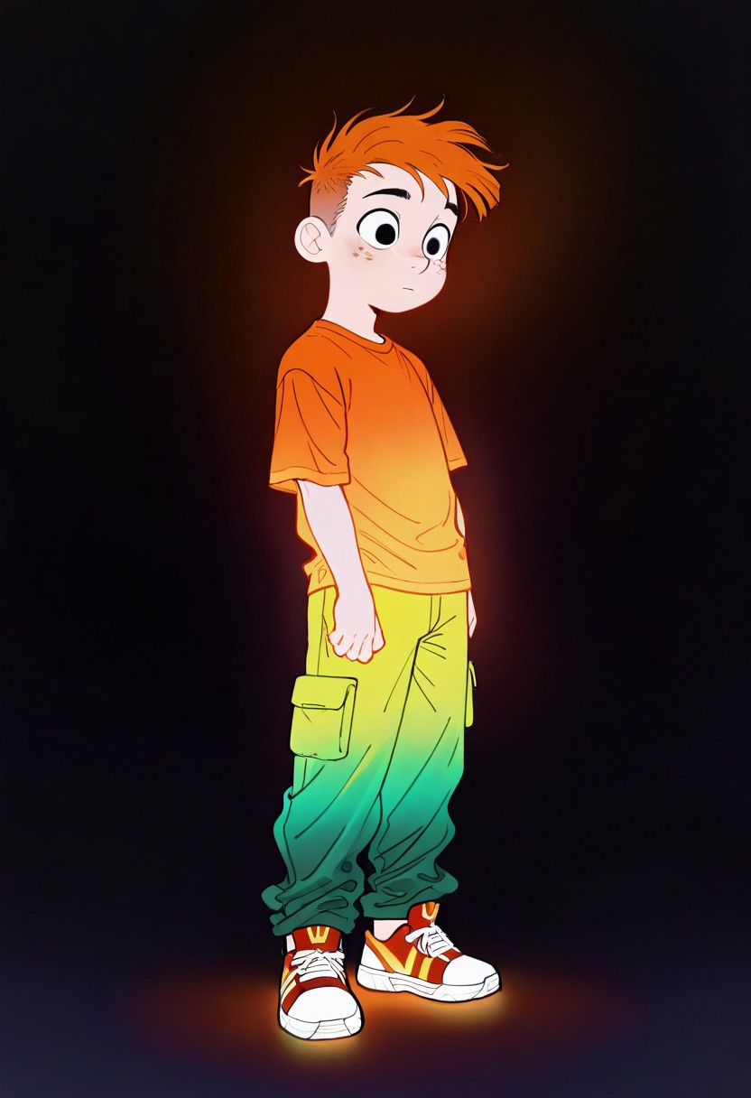 masterpiece, best quality, amazing quality, very aesthetic, absurdres, newest, volumetric lighting, holographic colors, cute, gradient colors, dark background, masterpiece, best quality, amazing quality, very aesthetic, absurdres, newest, volumetric lighting,1girl, 
cinematic, intricately detailed illustration, depth of field, masterpiece, best quality, amazing quality, very aesthetic, absurdres, newest, 1boy, male focus, cute boy, solo, Adam Lyon, Black Eyes, Orange Hair, Freckles, Orange Shirt, Green Pants, Red and Yellow Striped Shoes, 15546+456868