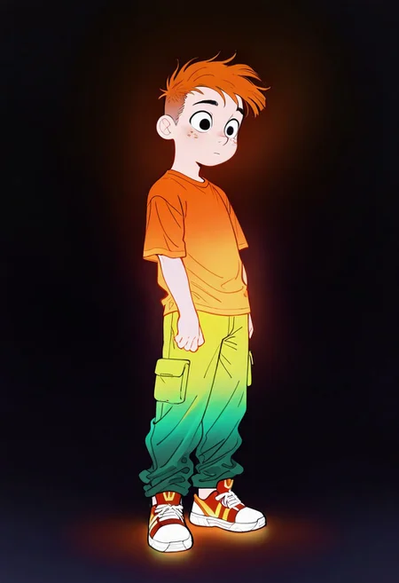 masterpiece, best quality, amazing quality, very aesthetic, absurdres, newest, volumetric lighting, holographic colors, cute, gradient colors, dark background, masterpiece, best quality, amazing quality, very aesthetic, absurdres, newest, volumetric lighting,1girl, 
cinematic, intricately detailed illustration, depth of field, masterpiece, best quality, amazing quality, very aesthetic, absurdres, newest, 1boy, male focus, cute boy, solo, Adam Lyon, Black Eyes, Orange Hair, Freckles, Orange Shirt, Green Pants, Red and Yellow Striped Shoes, 15546+456868