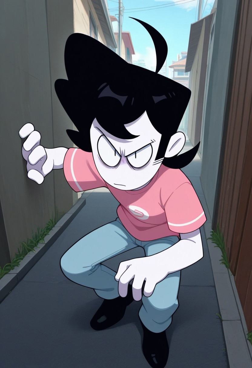 score_9, score_8_up, score_7_up, masterpiece, best quality, amazing quality, Kevin_(Spooky_Month), 1boy, solo, black hair, black eyes, pale white skin, 4 fingers, sideburns, pink shirt, single white on both sleeves, short sleeves, light blue pants, black shoes, ahoge, closed mouth, looking at viewer, outdoors, upper body