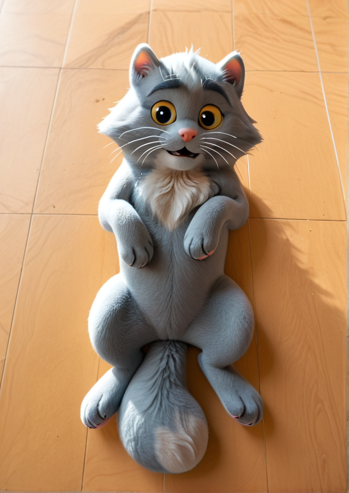 score_9, score_8_up, score_7_up, score_6_up, score_5_up, <lora:Sydney_the_Song_Cat:1> sydney, grey cat, feral, no humans, animal focus, looking at viewer, yellow sclera, BREAK sitting down, legs spread, full body, ((laying on back, from above perspective)), (sassy expression, half-lidded eyes), head tilt, sassy, BREAK highly detailed paws, highly detailed fur, realistic fur, realistic lighting, soft lighting, BREAK, masterpiece, high detail, hires, 4k, 8k, 16k, best quality,