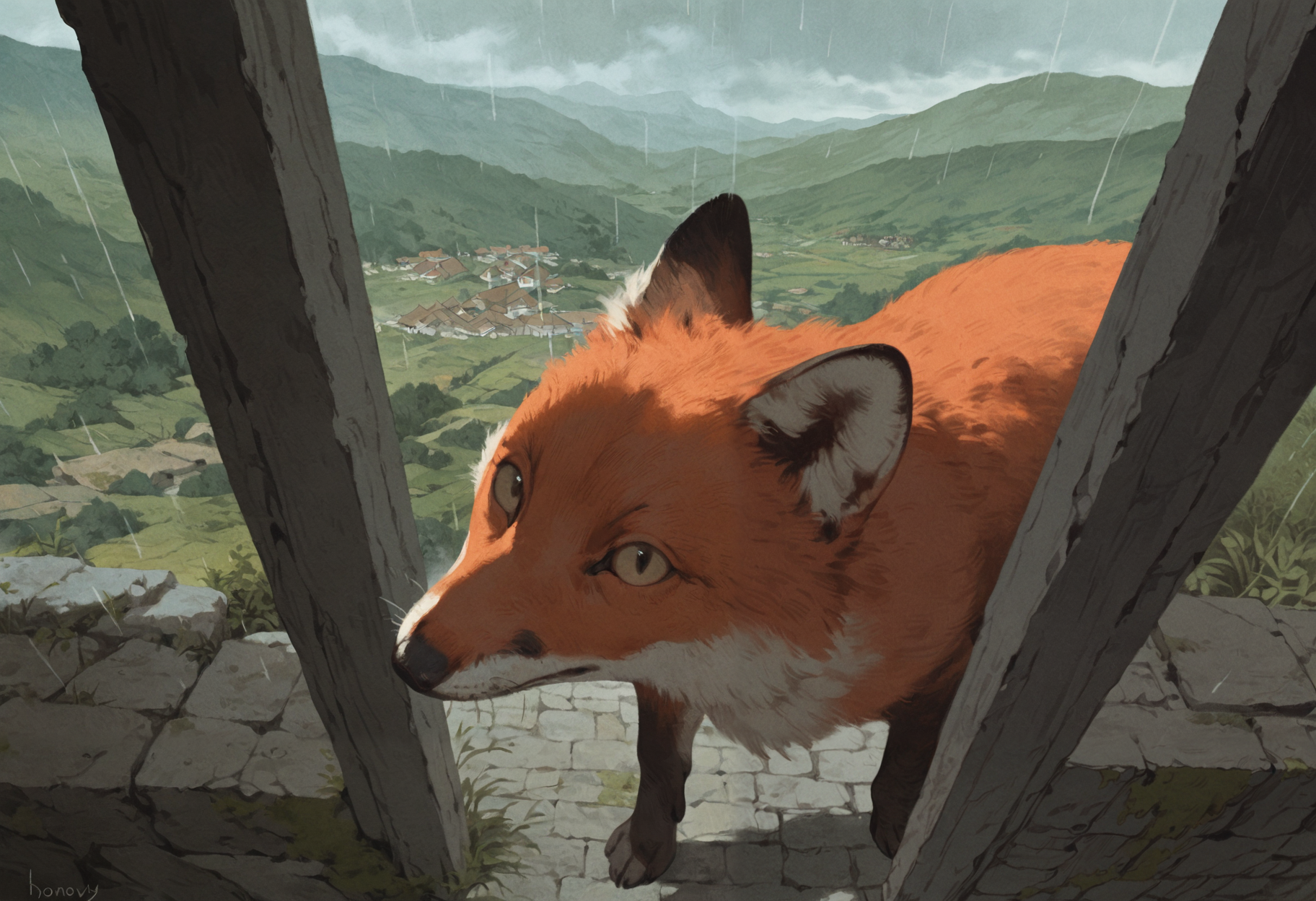 best quality, masterpiece, newest, absurd res, hi res, very awa, fox, honovy, (mucknagabe:0.7), (akai sashimi:0.5), (studio ghibli:0.5), (96yottea:0.3), (rei \(sanbonzakura\):0.3),  realistic feral, slim, no sclera, solo, headshot portrait, looking up at viewer, side view, no humans, (peeking around corner:1.1), (curious:1.1), (doorway:1.1), high-angle view, (stone cottage:1.1), crumbling wall, dilapidated, rocks, moss, highlands, scotland, rural, overcast, rain, mist, early morning, dim, ethereal, cinematic lighting, dramatic, landscape, architecture, postcard, (lineart:0.6), watercolor, vintage, 