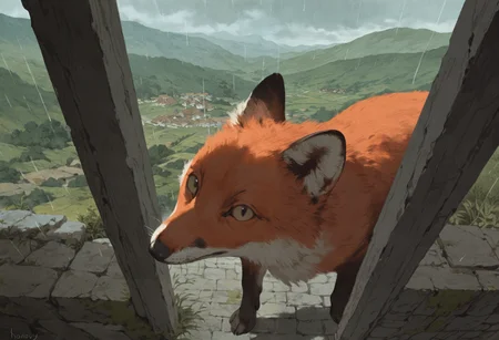 best quality, masterpiece, newest, absurd res, hi res, very awa, fox, honovy, (mucknagabe:0.7), (akai sashimi:0.5), (studio ghibli:0.5), (96yottea:0.3), (rei \(sanbonzakura\):0.3), realistic feral, slim, no sclera, solo, headshot portrait, looking up at viewer, side view, no humans, (peeking around corner:1.1), (curious:1.1), (doorway:1.1), high-angle view, (stone cottage:1.1), crumbling wall, dilapidated, rocks, moss, highlands, scotland, rural, overcast, rain, mist, early morning, dim, ethereal, cinematic lighting, dramatic, landscape, architecture, postcard, (lineart:0.6), watercolor, vintage,