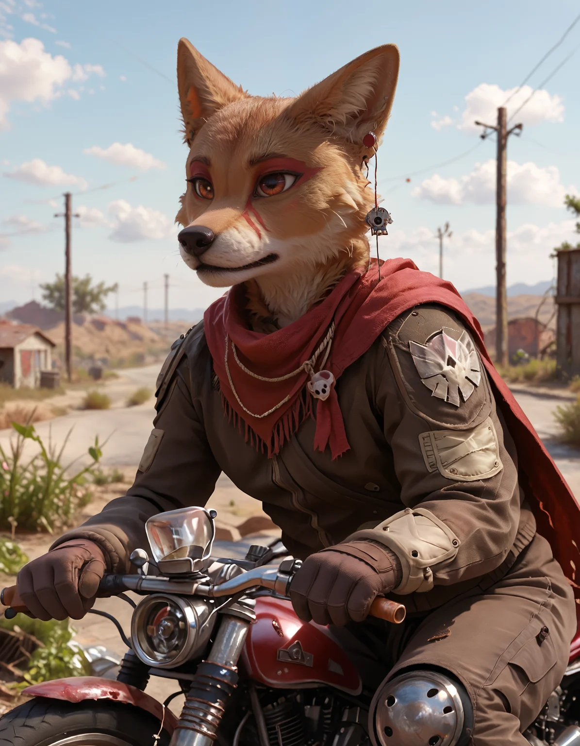 score_9, score_8_up, score_7_up, BREAK rating_safe, detailed, cinematic lighting, hdr, masterpiece, best quality, ultra realistic, 4k, 2k, film photography, RAW photo, photorealistic, analog style, subsurface scattering, photorealism, <lora:add-detail-xl:2.5>, <lora:2.5DRealisticV2.safetensors:0.25>, <lora:sinfully_stylish_SDXL.safetensors:0.6>, <lora:AdvancedEnhancerXLv2.safetensors:0.8>, <lora:<lora:laika_(laika_aged_through_blood)-000010.safetensors:1.0>, solo, anthro, furry, detailed fur, la1ka, coyote, brown body, markings, red eyes, ear piercing, red cape, wasteland, clothed, hold gun, detailed clothing close-up, nose blush, motorcycle