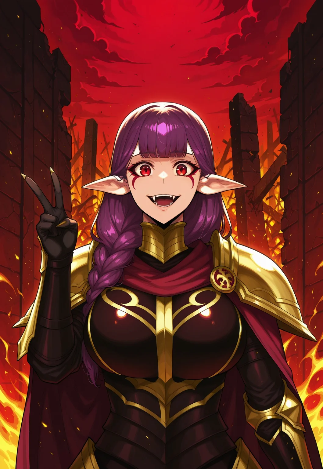 1girl, solo,
esil-radiru, 1girl, pointy ears, fangs, long hair, braid, single braid, blunt bangs, purple hair, red eyes, gold and black armor, cape, gloves, facial mark, shoulder armor, black gloves, red cape
large breasts,
peace sign,
smile, open mouth, looking at viewer, upper body,
hell, red sky, fantasy background, ruins,