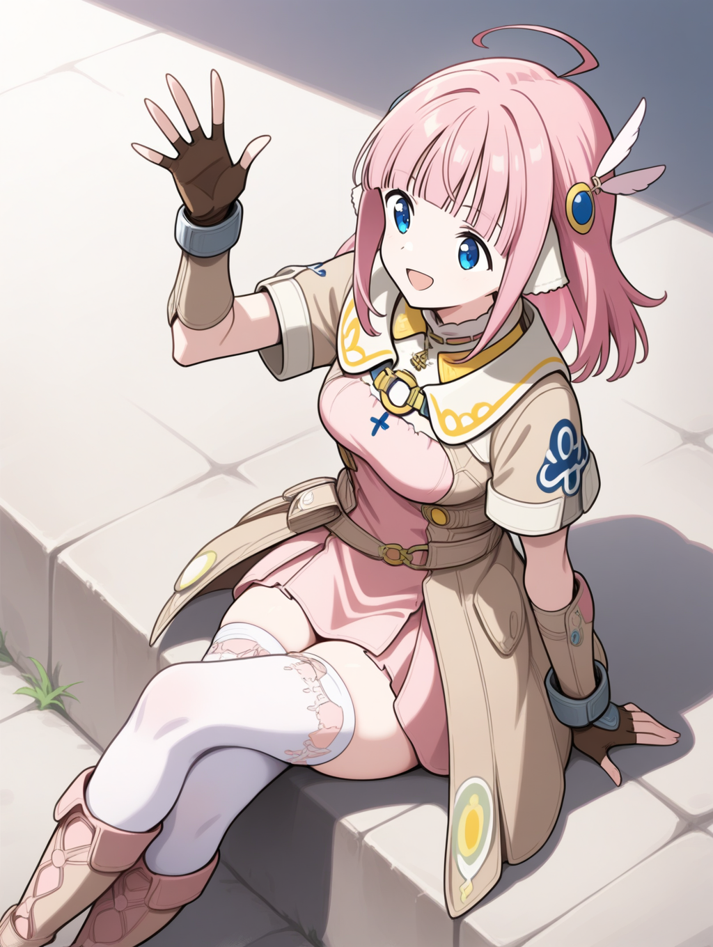 perfect quality,best quality,absolutely eye-catching,ambient occlusion,raytracing BREAK
1girl,<lora:miki IL v1.1_1:0.9>,miki,pink hair,medium hair,blunt bangs,blue eyes,hair ornament,brown coat,short sleeves,pink dress,short dress,bracers,fingerless gloves,brown gloves,white thighhighs,boots,, from above,cowboy_shot,leaning_back,fingers_together,waving,crossed_legs,