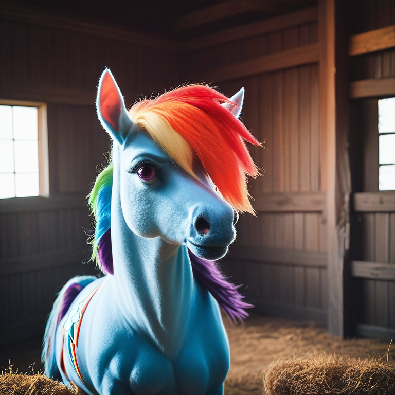 score_9, score_8_up, score_7_up, score_6_up, score_5_up, score_4_up, rating_safe,source_photorealistic,portrait,cropped,1horse,rainbow dash,indoors,barn, <lora:PonyrealisticV5:1>