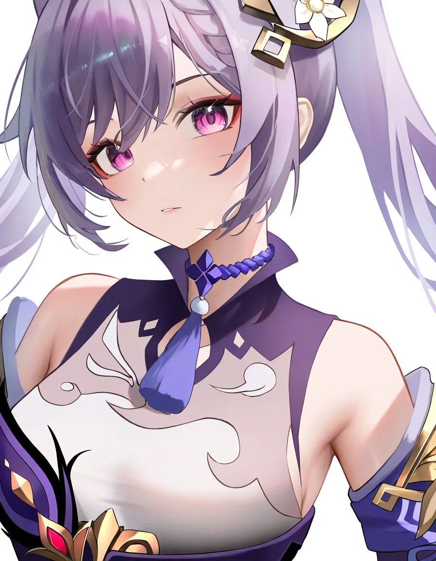 <lora:LueNar:1>,luenar,long hair,1girl,solo,looking at viewer,simple background,white background,keqing \(genshin impact\),, masterpiece, best quality, very aesthetic, absurdres,newest, incredibly absurdres,