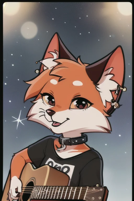 (solo female) furry vixen, female focus (<lora:lisa-10:0.7>), cute, chibi, Pappy looking at viewer, (long eyelashes:1.1), fluffy white fur on chest, (ear big piercing:1.2), (wearing black t-shirt and black collar, "Riot" print), holding guitar, stars, night, detailed background, depth of field