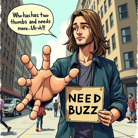 A detailed, stylized illustration of a young man on a city street. The man has long hair, is holding a sign in one hand and is holding his other hand out with thumbs up and is looking at that hand. The hand with thumbs up is in the extreme foreground and is grotesquely large polydactyl with extra thumbs with 6+thumbs. Thumbs up with too many thumbs and fingers replaced with thumbs. Too many thumbs. Way too many thumbs. The image has extreme perspective and is focused on the hand with thumbs up. There is a speech bubble pointed at the man. In the background there are people and tall buildings and cars. Sign: "NEED BUZZ" Speech bubble: "Who has two thumbs and needs more- Uh-oh."