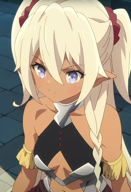 score_9, score_8_up, score_7_up, source_anime, 2d, Edelgard, 1girl, dark skin, elf ears, blue eyes, blonde hair, long hair, twintails, braid, red hairband, metal armor, black shirt, yellow wristband, bare arms, brown shorts, anime coloring, anime screencap, detailed eyes, zPDXL, perfect faces, uncensored, rating_explicit <lora:edelgard_0:1>, portrait,