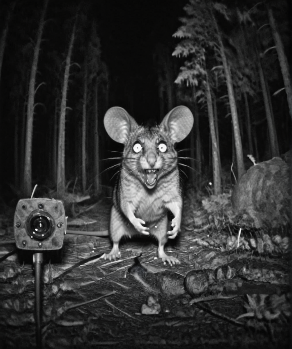Camera trap, monochrome, evil giant mouse is yelling, horror   <lora:Camera trap:1>