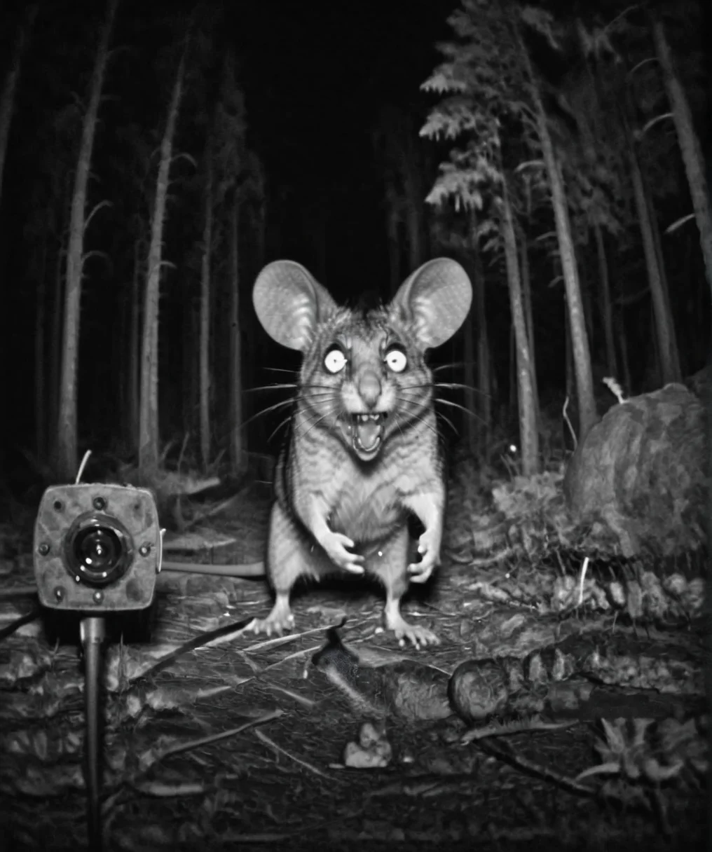Camera trap, monochrome, evil giant mouse is yelling, horror <lora:Camera trap:1>