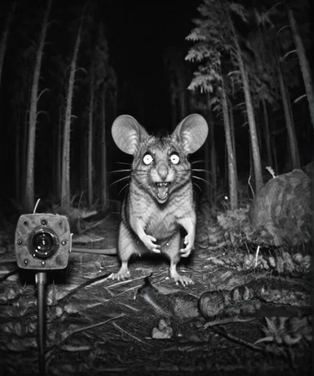 Camera trap, monochrome, evil giant mouse is yelling, horror   <lora:Camera trap:1>