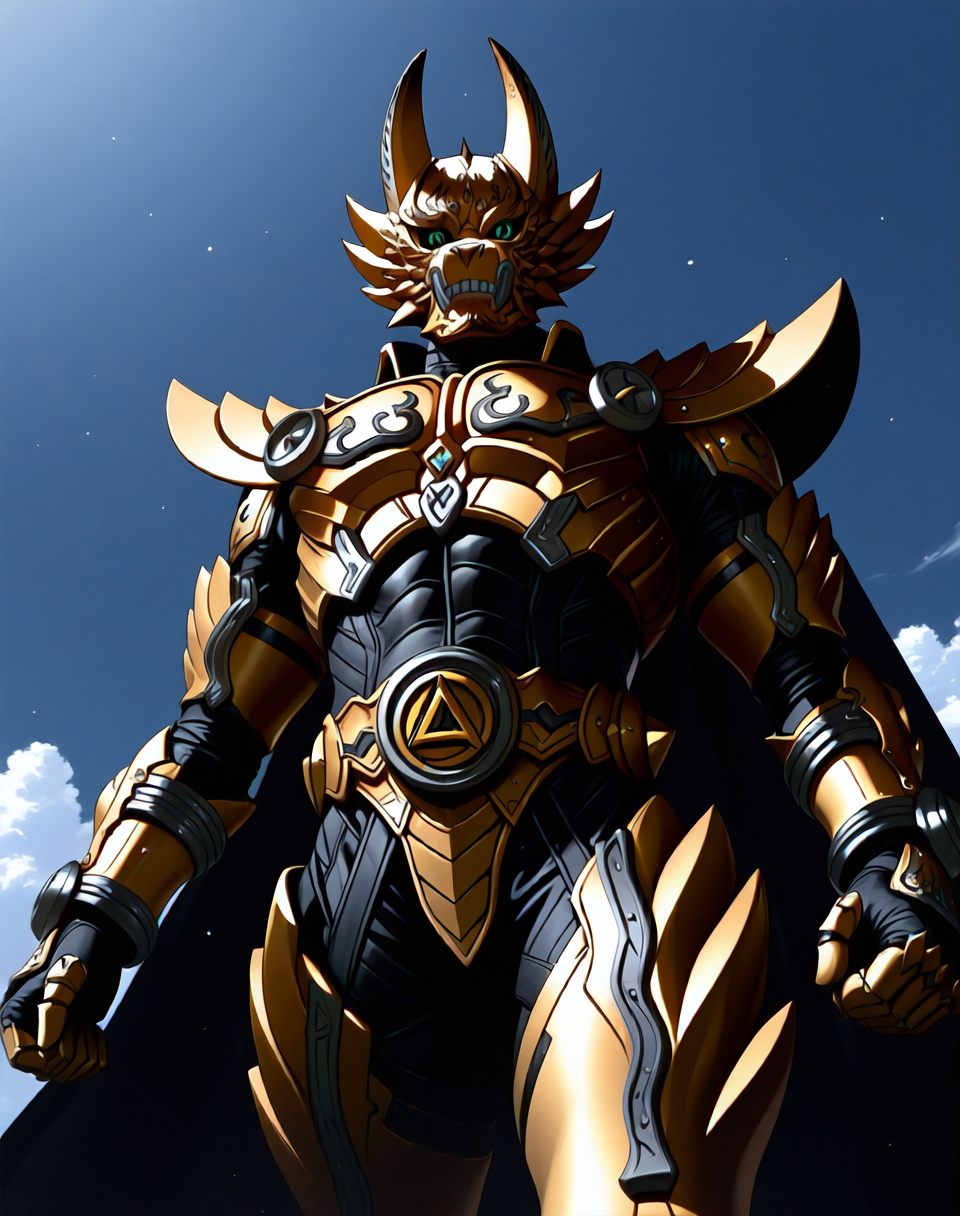 <lora:Garo_(Garo_Makai_Knight)_(Illustrious)_(AD):1.35> Garo, armor, wolf knight, 
exterior, sky with clouds, 
male focus, intense shadows, dynamic shadows, intricate details, attention to details, gradient coloring, robot, bent leg, cowboy shot, solo, 
BREAK very awe, masterpiece, best quality, amazing quality, very aesthetic, highres, absurdres,
EZRealPONYXL, zPDXL, Smooth Quality, lazynsfw,