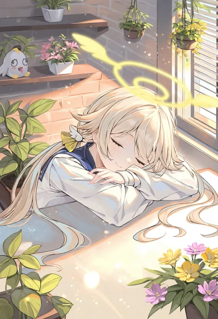 hifumi \(blue archive\), 1girl, solo, flower, long hair, sleeping, window, halo, closed eyes, peroro \(blue archive\), indoors, brick wall, twintails, wing hair ornament, pink flower, plant, smile, yellow flower, low twintails, potted plant, purple flower, school uniform, flower pot, closed mouth, long sleeves, light brown hair, stuffed toy, blue sailor collar, blonde hair, serafuku, sailor collar, window blinds, crossed arms, hanging plant, shelf, stuffed animal, sunlight, gun, light particles,masterpiece,best quality,newest,absurdres,highres,very awa,<lora:alguang2_noob1.1-000178:0.9>,