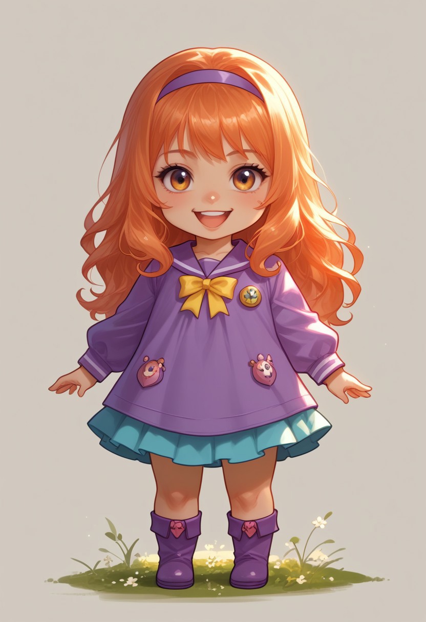 score_9, score_8_up, score_7_up, source_anime, solo, adorable chibi Daphne Blake, happy, Daphne's clothes, (chibi body:1.4), (indirect lighting, dynamic lighting:1.4), simple background, chibi art style, (detailed image, high resolution, 5k resolution:1.0), (realistic style, chibi art style, las lindas Art Style:1.2)