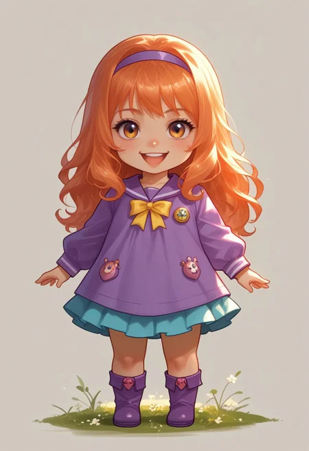 score_9, score_8_up, score_7_up, source_anime, solo, adorable chibi Daphne Blake, happy, Daphne's clothes, (chibi body:1.4), (indirect lighting, dynamic lighting:1.4), simple background, chibi art style, (detailed image, high resolution, 5k resolution:1.0), (realistic style, chibi art style, las lindas Art Style:1.2)