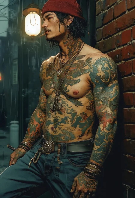 A stylized noir-inspired depiction of a Japanese yakuza member, with detailed tattoos of phoenixes and waves covering his arms and chest. He leans against a brick wall in a rain-soaked alley, illuminated by a single hanging bulb, with a faint haze of cigarette smoke curling around him.