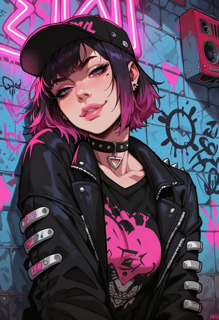 score_9, score_8_up, score_7_up, aesthetic, 1girl, punk outfit, neon pink in outfit, neon purple in outfit, neon green in outfit, dark purple hair, short hair, single pigtail on side, pink tipped hair, dark clothes, black jacket, black t-shirt, graffiti background, city background, night, small breasts, petite breasts, neon signs, rapper cap, black choker, pale skin, in city, outdoors, in alley, head tilt, face focus, mischievous face, smug, sexy eyes, bedroom eyes, head shot, boombox, g0thicPXL, close up, against wall,