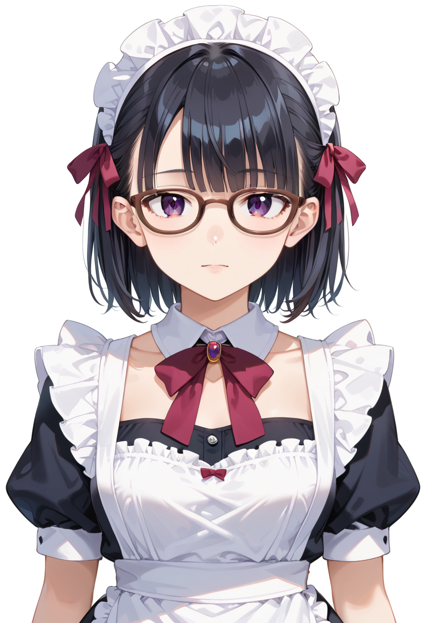 score_9, score_8_up, score_7_up, rating_safe, masterpiece, best quality, absurdres, unity 8k wallpaper, official art, official style, source_anime, uncensored, game cg, megami magazine,
1girl, solo, black hair, medium hair, upper body, covered eyes,maid, maid headdress, black dress, maid apron, face focus,
oval_cell, glasses, still life, white background, simple background, brown-framed eyewear,
 <lora:glasses_OvalCell2_PONY_V1:1>