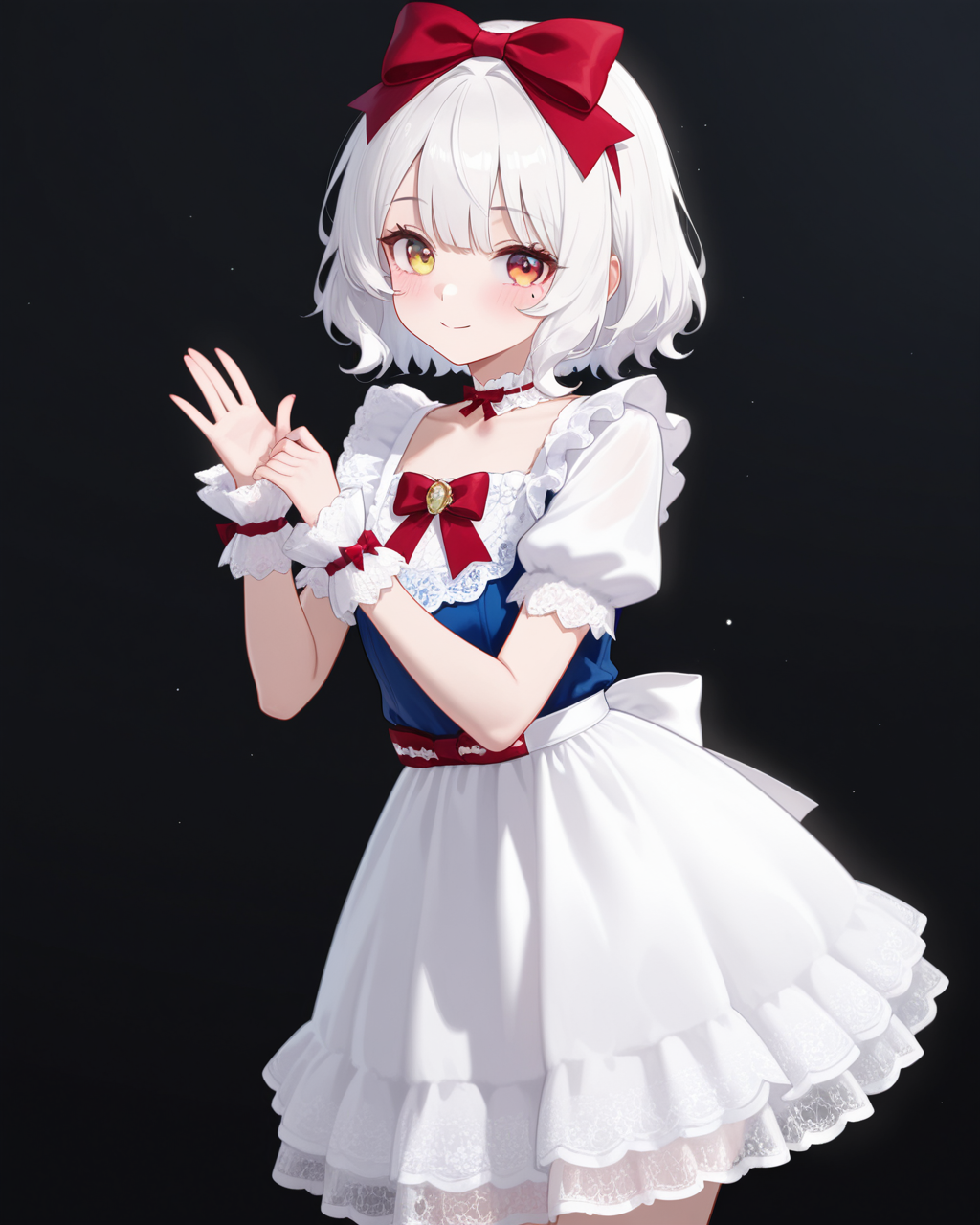 Positive: Masterpiece, best quality, amazing quality, very aesthetic, high resolution, ultra-detailed, absurdres,
1girl, solo, 
subanxia,
white hair,red eye,yellow eye,mole under eye, 
blue top white skirt red bow vintage lace dress,
white skirt,short sleeves,puffy short sleeves,frills,wrist cuffs,lace,apron,blue vest,ribbon,red bow,choker,
hair bow,
black_background, standing, cowboy_shot,   
