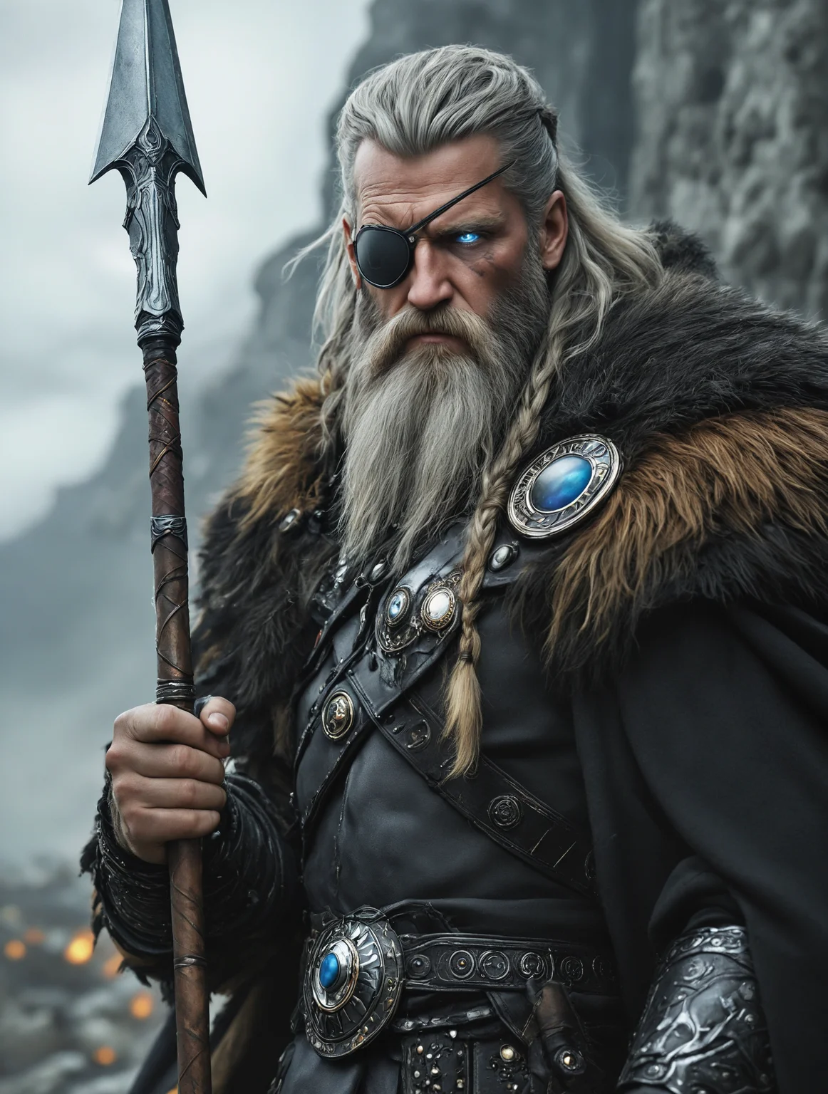 breathtaking detailed, masterpiece, absurdres, awe-inspiring, best quality, vibrant colors, nbn-odin, beard, facial hair, eye patch, 1boy, solo, weapon, polearm, blue eyes, holding, odin, glowing blue eye, grey hair, grey beard, spear, gungnir, half body<lora:sdxl_NBN-Odin.safetensors:0.8:0.8>
