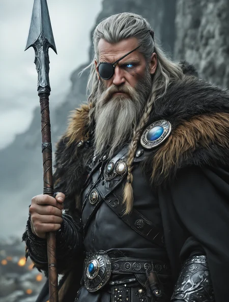 breathtaking detailed, masterpiece, absurdres, awe-inspiring, best quality, vibrant colors, nbn-odin, beard, facial hair, eye patch, 1boy, solo, weapon, polearm, blue eyes, holding, odin, glowing blue eye, grey hair, grey beard, spear, gungnir, half body<lora:sdxl_NBN-Odin.safetensors:0.8:0.8>