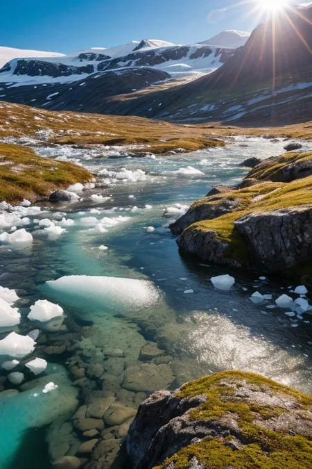 RAW photo, Greenland, delicate nature, wild nature, picturesque scenery, pristine vegetation, calm sky, majestic landscape, enchanting atmosphere, icy river, sunlight illuminates the icy water, blue water, photorealistic, masterpiece, 64k, UHD, ultra detailed, vivid colors, high quality, sharp focus