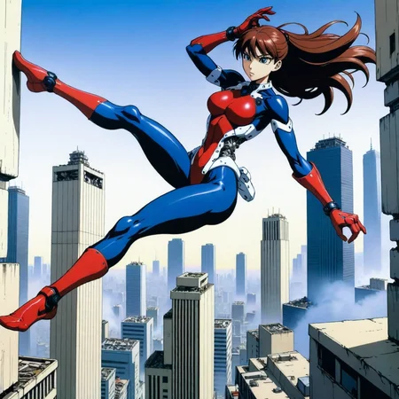 anime, flat color, dynamic pose dodging, drawn by todd mcfarlane, feminine exosute, visored, mechanical, leaping from a building, epic city vista