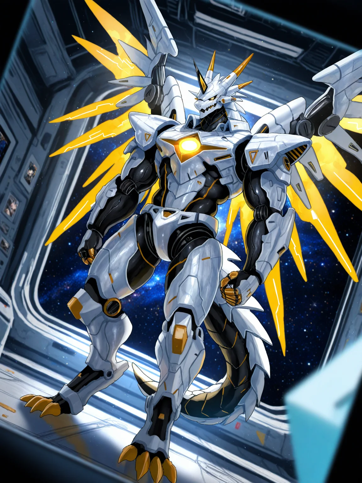 furry male, male focus, bara, mature male,
anthro, golden body, dragon boy, standing, spaceship, strong, muscular, solo, male, (dragon), shiny silver chassis, mecha, cyborg, glowing LED, detailed textures, bipedal, photo, sharp focus, depth of field, 1 tail, highly detailed, space, inside, mecha wings, spikes, armored, dutch angle, digitigrade, metallic body,
BREAK (hominamia, (fuzichoco:0.8), shigure ui:0.8)
BREAK very awa, masterpiece, best quality, amazing quality, very aesthetic,highres, absurdres,