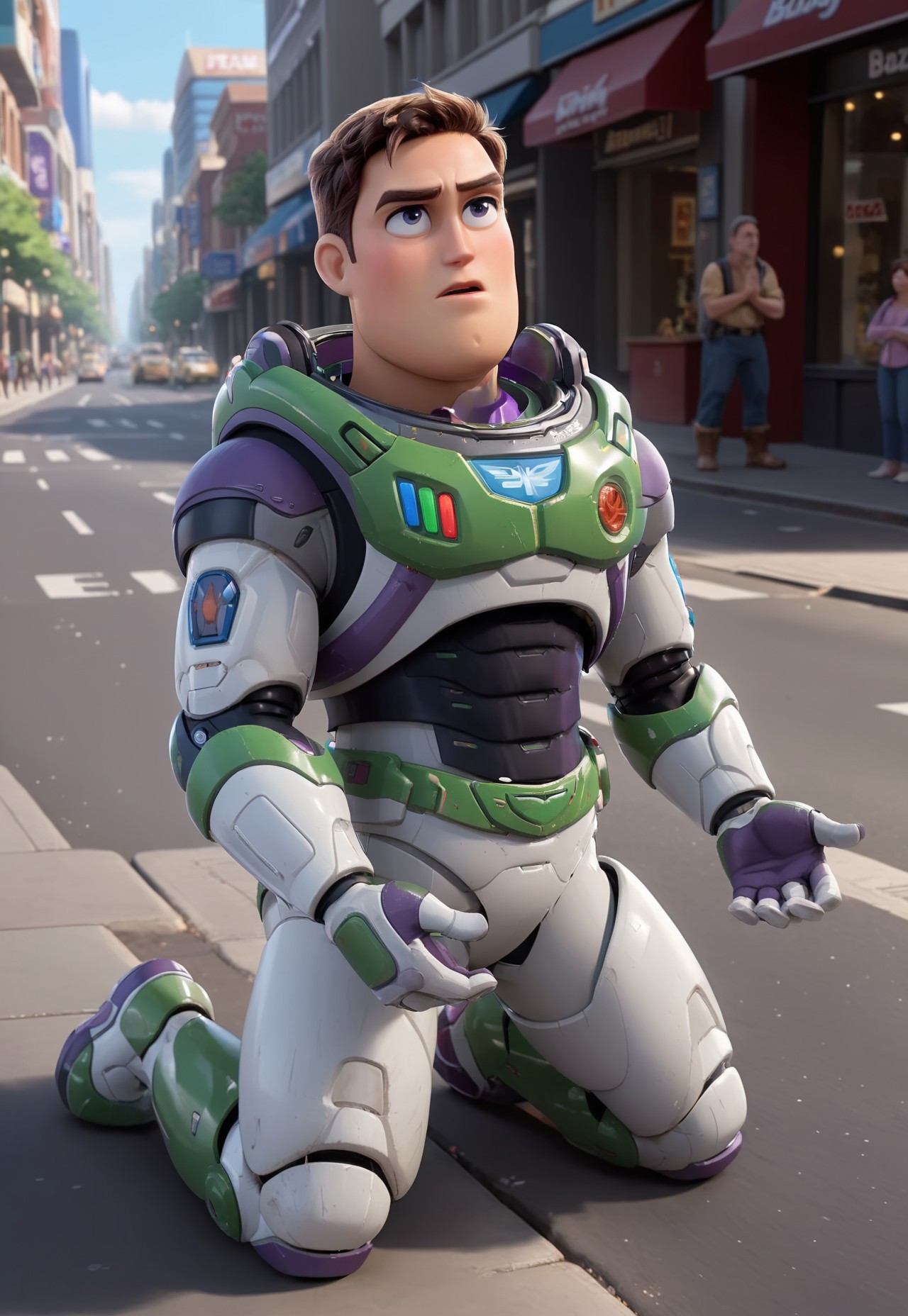 Buzz1024, 1man, solo focus, Buzz Lightyear begging on the street, disheveled, pleading, beggar, kneeling, desperate