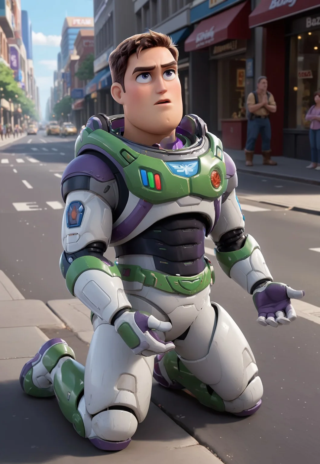 Buzz1024, 1man, solo focus, Buzz Lightyear begging on the street, disheveled, pleading, beggar, kneeling, desperate