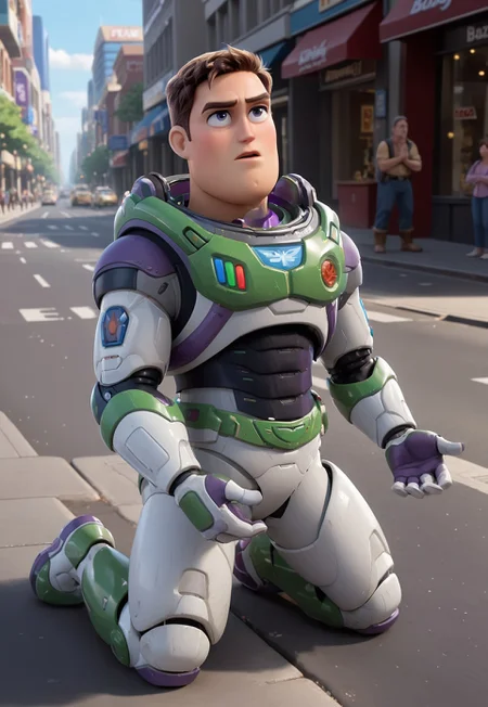 Buzz1024, 1man, solo focus, Buzz Lightyear begging on the street, disheveled, pleading, beggar, kneeling, desperate