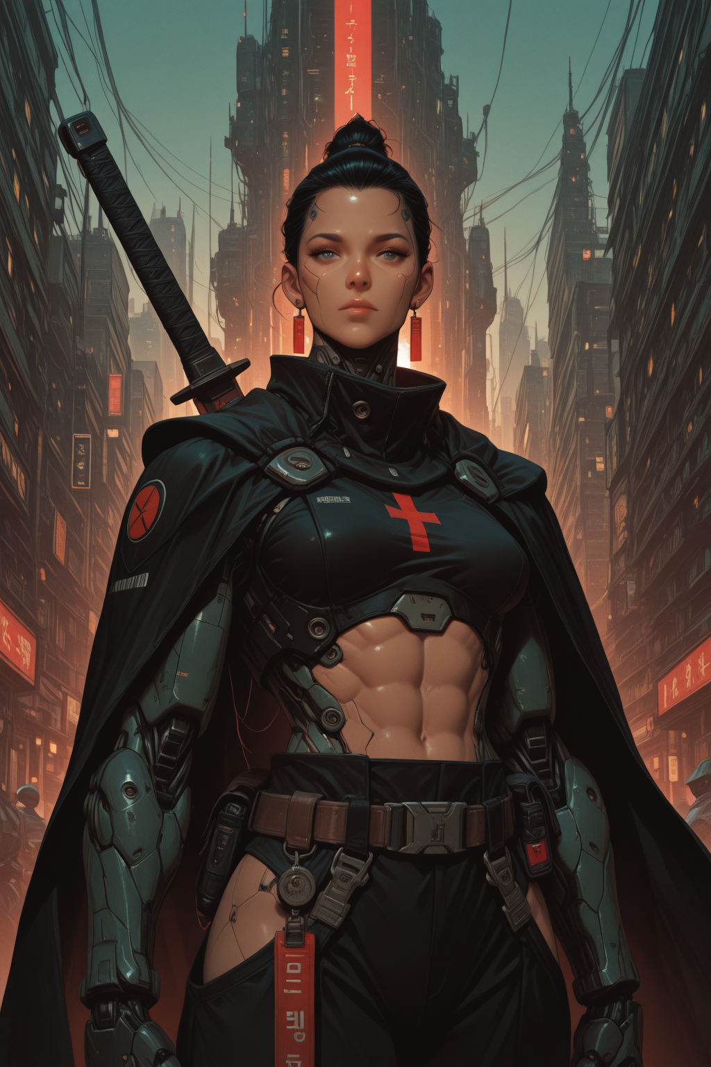 embedding:lazypos, namech, 1girl, solo, looking at viewer, gloves, sword behind back, closed mouth, jewelry, standing, upper body, earrings, black gloves, belt, black pants, muscular, cape, city skylines, abs, mecha, japanese clothes, holding sword on shoulder, body markings, cyberpunk, mech <lora:NanoKage_v1.0_-_Illustrious:0.8> <lora:TrendCraft_The_Peoples_Style_Detailer-v1.0A-3_13_2025-illustrious:0.2>