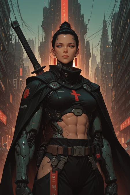 embedding:lazypos, namech, 1girl, solo, looking at viewer, gloves, sword behind back, closed mouth, jewelry, standing, upper body, earrings, black gloves, belt, black pants, muscular, cape, city skylines, abs, mecha, japanese clothes, holding sword on shoulder, body markings, cyberpunk, mech <lora:NanoKage_v1.0_-_Illustrious:0.8> <lora:TrendCraft_The_Peoples_Style_Detailer-v1.0A-3_13_2025-illustrious:0.2>