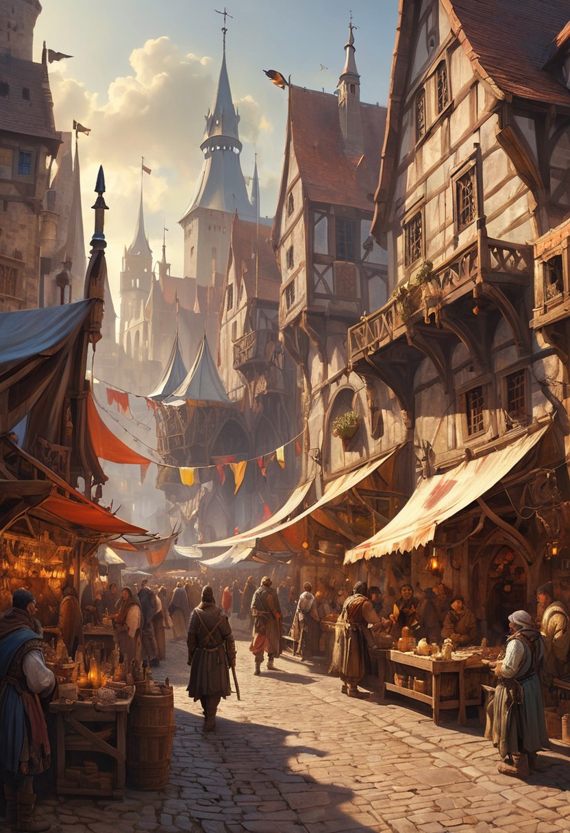 Bustling medieval marketplace in a fantastical port city, with merchants selling exotic magical artifacts, colorful stalls offering potions and scrolls, diverse fantasy races mingling, and towering masted ships with dragon figureheads docked in the background.
 style of greg rutkowski,janek sedlar,jenny saville:0]  <lora:vivid_everclear:0.35>  <lora:Sinozick:0.35>  <lora:MJ52:0.35>