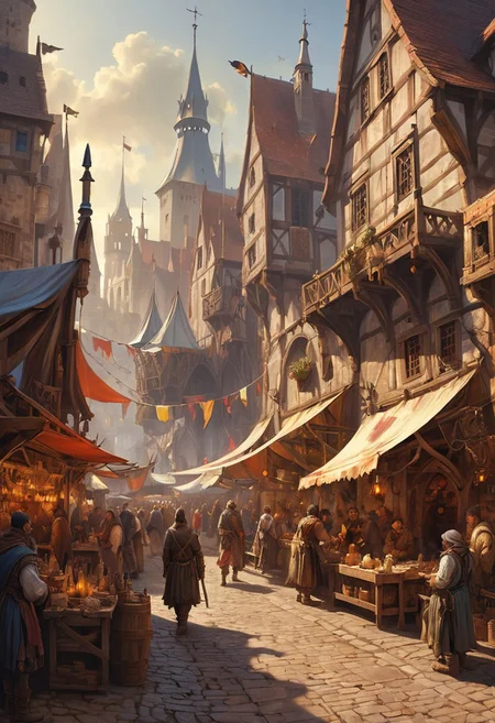 Bustling medieval marketplace in a fantastical port city, with merchants selling exotic magical artifacts, colorful stalls offering potions and scrolls, diverse fantasy races mingling, and towering masted ships with dragon figureheads docked in the background.
 style of greg rutkowski,janek sedlar,jenny saville:0]  <lora:vivid_everclear:0.35>  <lora:Sinozick:0.35>  <lora:MJ52:0.35>