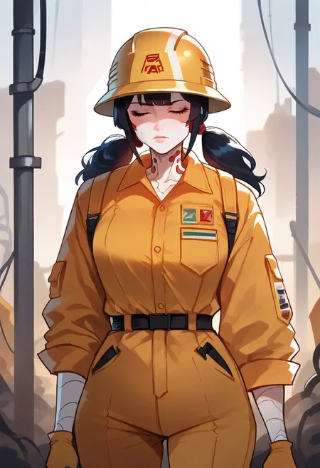 score_9, score_8_up, score_7_up, score_6_up, Anime-style, simplified anatomy, digital art, robot girl, curvaceous figure, glossy black form-fitting work suit, black hair, pigtails, yellow construction helmet, serene expression, closed eyes, smooth lines, high contrast, vibrant colors, white background, reflective surfaces, futuristic, sci-fi, mechanical, White skin, construction uniform, construction background