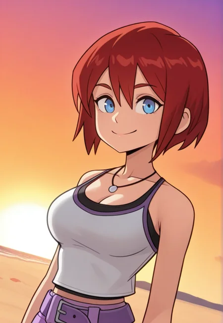dlh, masterpiece, best quality, amazing quality, very aesthetic, absurdres,  newest, detailed background, upper body,  outdoors, beach, sunset, sky, dynamic angle, perfect eyes, beautiful eyes, 
kairikh, 1girl, solo, red hair, blue eyes, smile, looking at viewer, purple skirt, white shirt, crop top, necklace, wirstband, short hair, belt, large breasts, cleavage, 
 <lora:Kairi_-_Kingdom_Hearts_1-2_Illustrious:1> <lora:DLH:1>