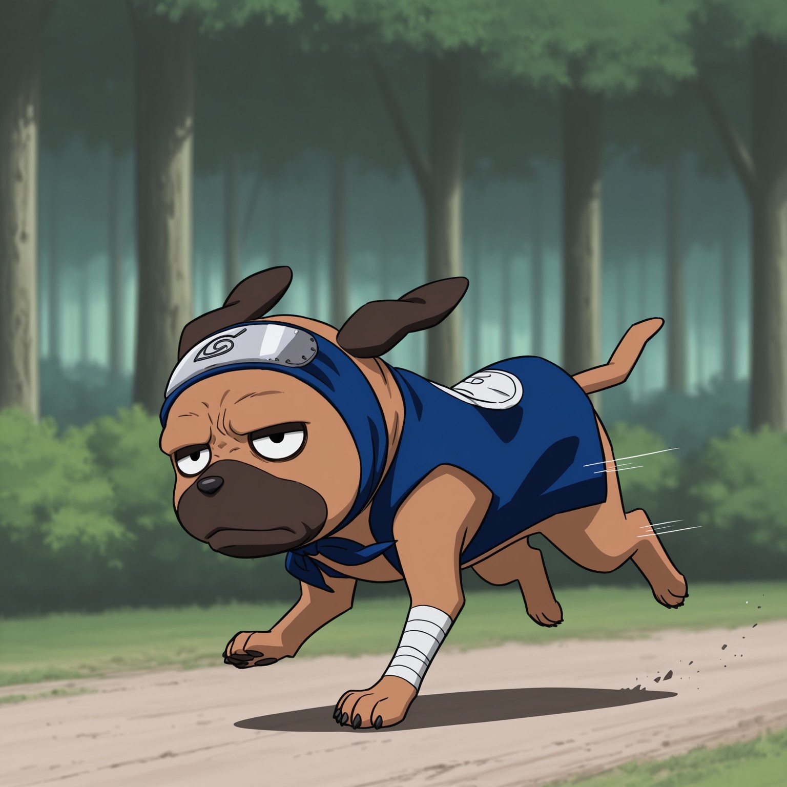 2d, 1boy, solo, Pakkun, male, dog, canine, tail, feral, animal, brown fur, dark brown snout, dark brown ears, black nose, black pupils, dark brown eyelids, black claws, bandages on one arm, blue headband, forehead protector, sleeveless, blue vest

BREAK frown, running, outside, forest, speed lines, blurred background

BREAK best quality, amazing quality, very aesthetic, absurdres, newest, masterpiece 