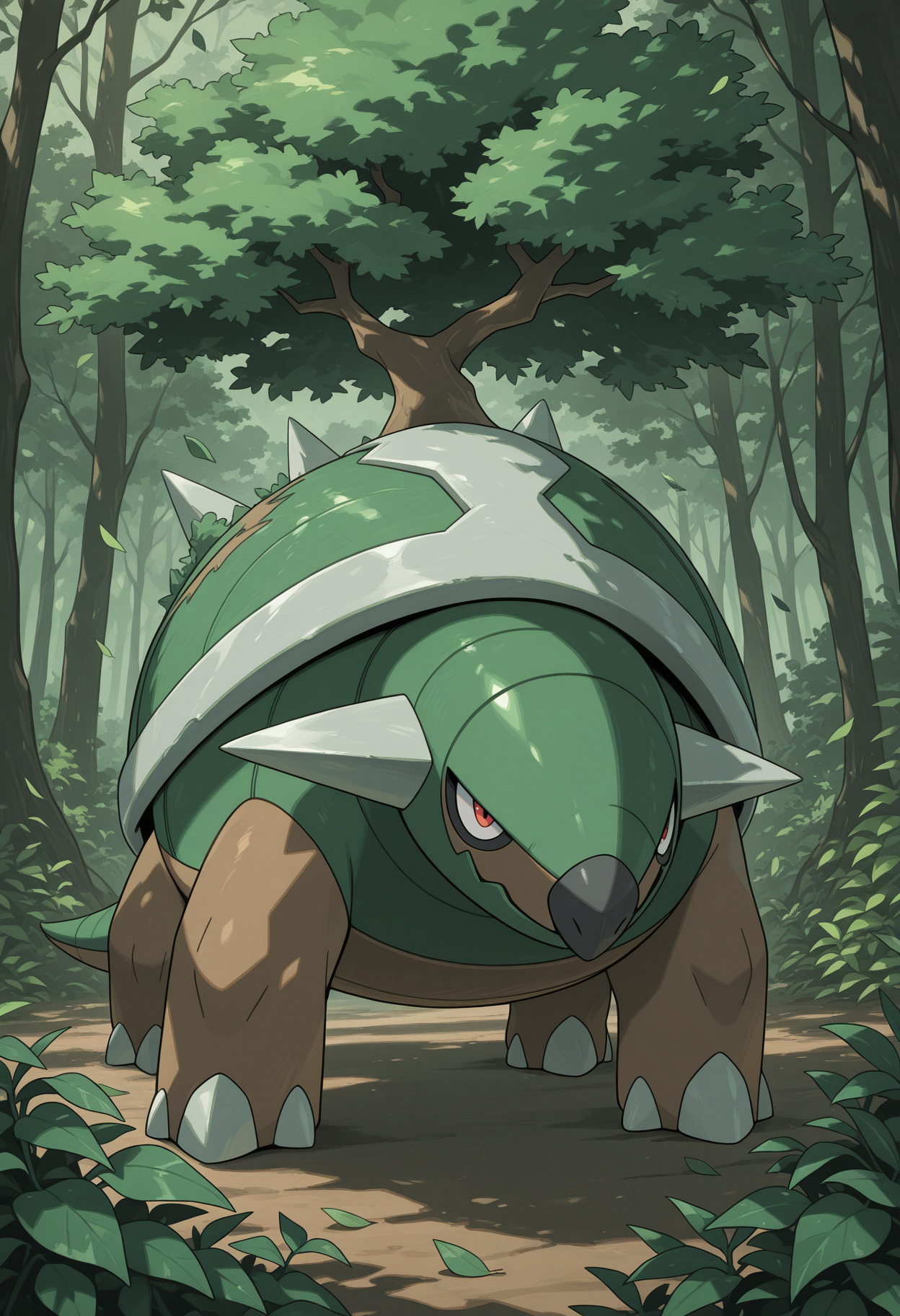 solo, torterra, pokemon \(species\), tree, spikes, feral, red eyes, abstract background, leaf, wind, nature theme, three-quarter view,
perfect anatomy, masterpiece, perfect quality, best quality, detailed, newest, very aesthetic 
 <lora:Torterra_Pokemon_V1_ILXL:1.0000000000000002>