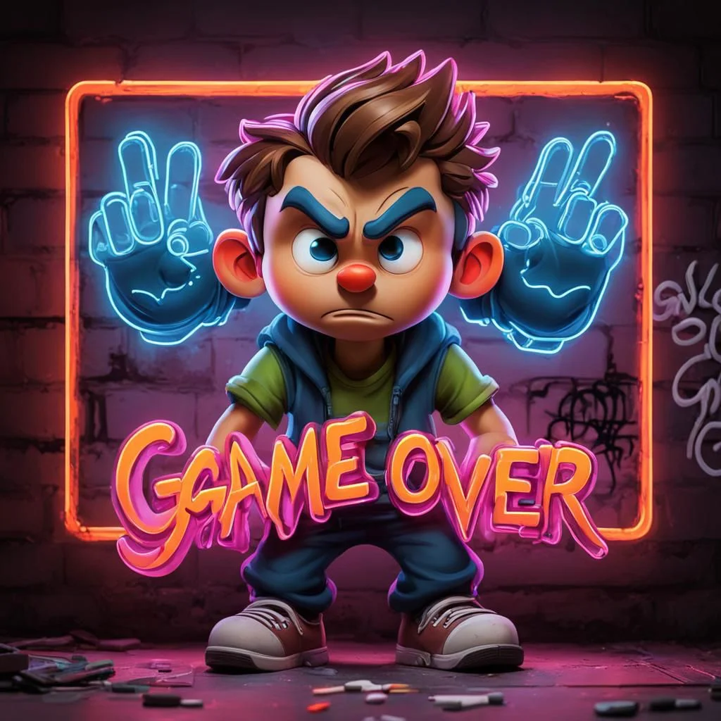 pc gamer boy , graffiti neon images of a neon lit sign with the text 'Game Over'