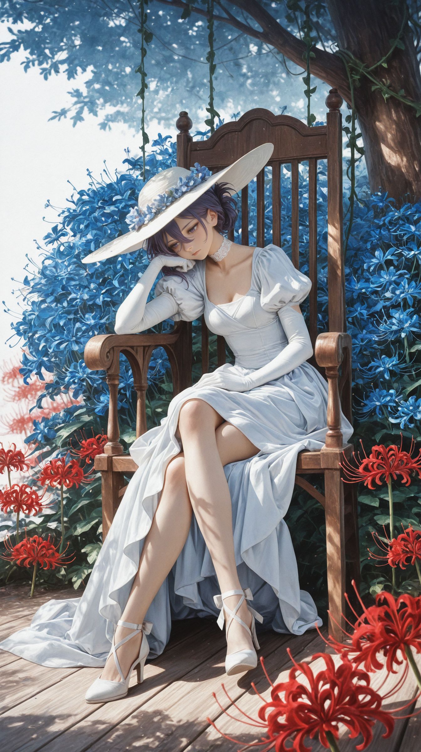 masterpiece,best quality, (watercolor effect, watercolor \(medium\)), <lora:illustration2025-v1-3-illustrious:0.8>, illu2025,
1girl, purple hair, folded ponytail, hair between eyes, purple eyes, bridal dress, white dress, white choker, juliet sleeves, puffy sleeves, white elbow gloves, bare legs, white strappy heels, white sun hat,
sitting on a wooden chair, crossed legs, garden, vines, blue flowers, red spider lily, looking away, arm on lap, head rest, resting head on hand, deep shadows, soft shading, dappled sunlight, 
wide shot, full body