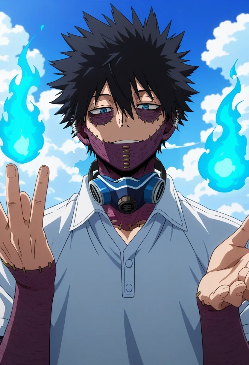 masterpiece, best quality, , anime screencap, anime coloring, official style, looking at viewer, 1boy, solo, male focus, <lora:dabi_bnha_ilxl:0.9>, dabi_bnha, black hair, blue eyes, short hair, spiked hair, hair between eyes, messy hair, bangs, scar, burn scar, scar on face, piercing, ear piercing, stitches, blue fire, floating bazaar, sky boats, merchant stalls, cloud paths, haggling pose, friendly expression, morning, Light pink Fair Isle Golf shorts, Polo shirt, , , Scuba Mask