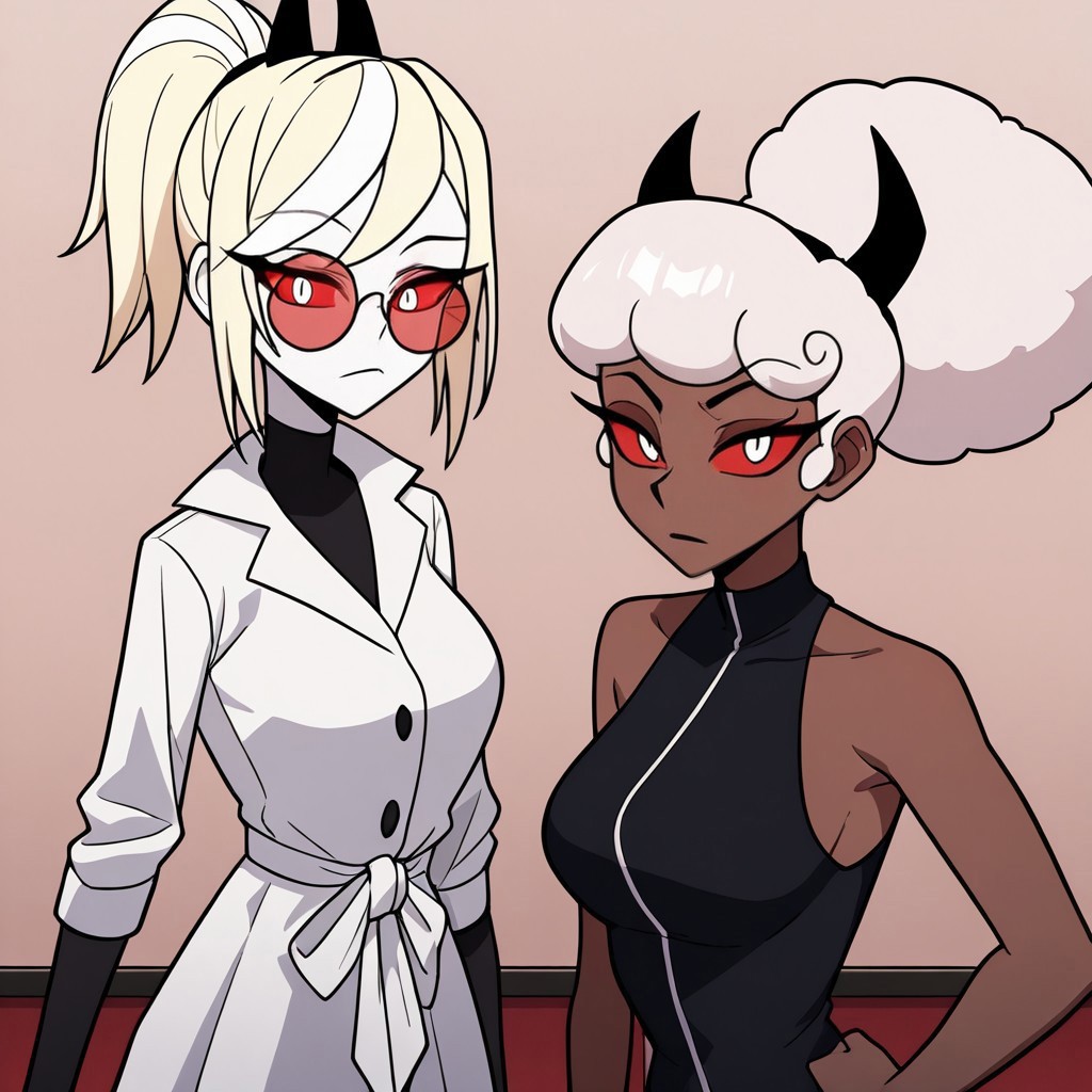 masterpiece, best quality, newest, absurdres, highres, HHp4ck-Style-V1.0, official style, HHOVP-Carmines-CLC+ODC.V1.0, multiple girls, 2girls, HHOVP-ODC.V1.0, HHOVP-CLC.V1.0
BREAK 
HHOVP-ODC.V1.0, blonde hair, white skin, red-tinted eyewear, glasses, red sclera, red-tinnted  colored sclera, white eyes, high ponytail, red glasses, hairband, hairband with horns, tied hair,
BREAK
HHOVP-CLC.V1.0, dark skin, dark-skinned female, hairband, hairband with horns, tied hair, white hair, red sclera, colored sclera, white eyes, afro,