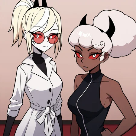 masterpiece, best quality, newest, absurdres, highres, HHp4ck-Style-V1.0, official style, HHOVP-Carmines-CLC+ODC.V1.0, multiple girls, 2girls, HHOVP-ODC.V1.0, HHOVP-CLC.V1.0
BREAK 
HHOVP-ODC.V1.0, blonde hair, white skin, red-tinted eyewear, glasses, red sclera, red-tinnted  colored sclera, white eyes, high ponytail, red glasses, hairband, hairband with horns, tied hair,
BREAK
HHOVP-CLC.V1.0, dark skin, dark-skinned female, hairband, hairband with horns, tied hair, white hair, red sclera, colored sclera, white eyes, afro,