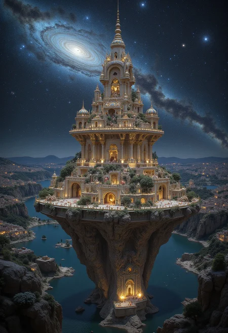Stunningly detailed city, ((floating island city in space)), universe, galaxy, sci-fy, glowing city, award-winning, a masterpiece, aidmaMJ6.1, detailed city