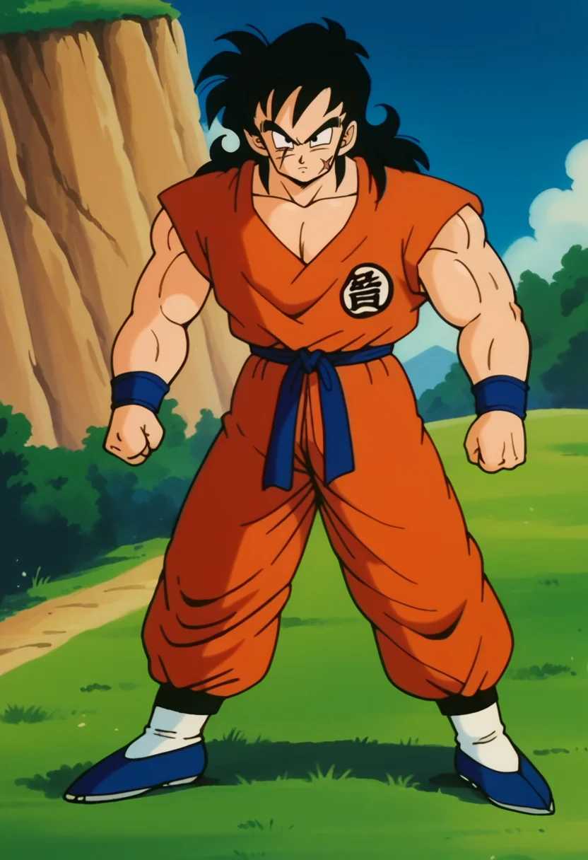 score_9,score_8_up,score_7_up,score_6_up, BREAK yamcha, retro artstyle,aged up,full body, long hair,black eyes, black hair, martial arts clothes, orange vest, orange pants, blue sash, blue wristband, muscular male, standing, legs apart, clenched hands, black badge, scar across eye, scar on cheek,blue flats, blue sky, cliff, grass,looking at viewer,white socks,short socks,(from above:0.6), <lora:YamchaPony:1>